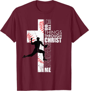 Christian Philippians 4:13 Kids Boys Cross Baseball Pitcher T-Shirt - T-Shirt | Maroon