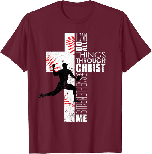 Christian Philippians 4:13 Kids Boys Cross Baseball Pitcher T-Shirt - T-Shirt | Maroon