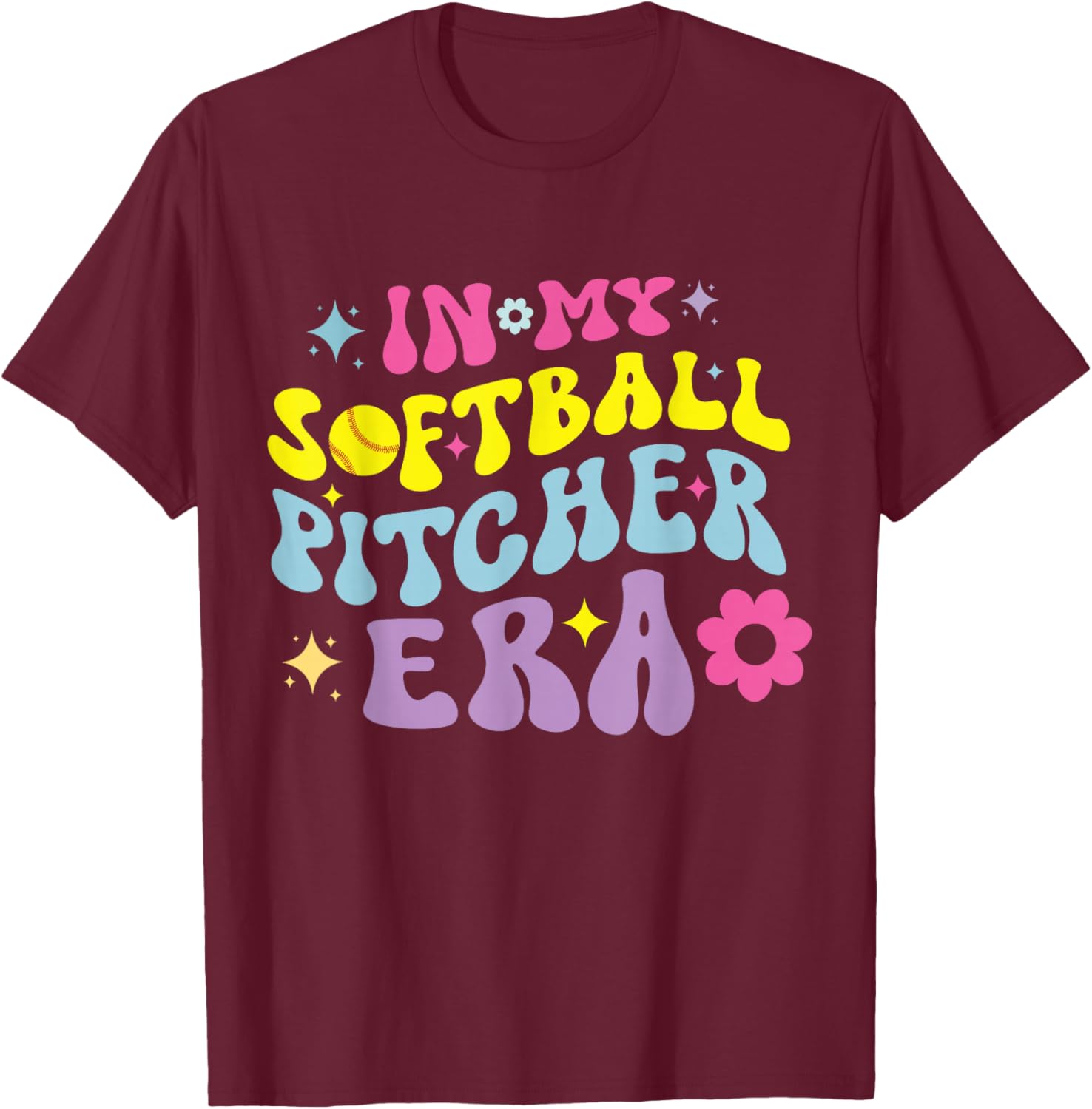 In My Softball Pitcher Era Groovy Fastpitch Girls Game T-Shirt - T-Shirt | Maroon