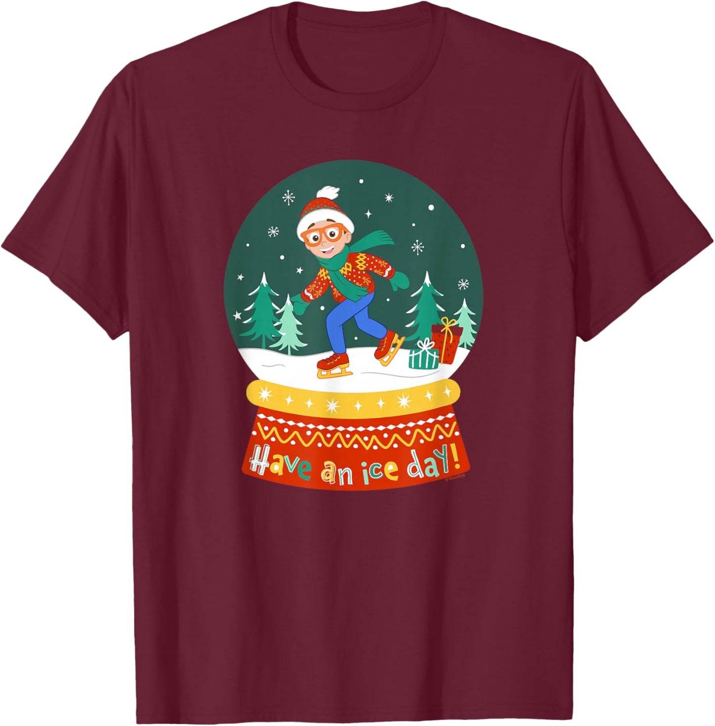 Blippi Christmas Skating Snow Globe T-Shirt - T-Shirt | Maroon