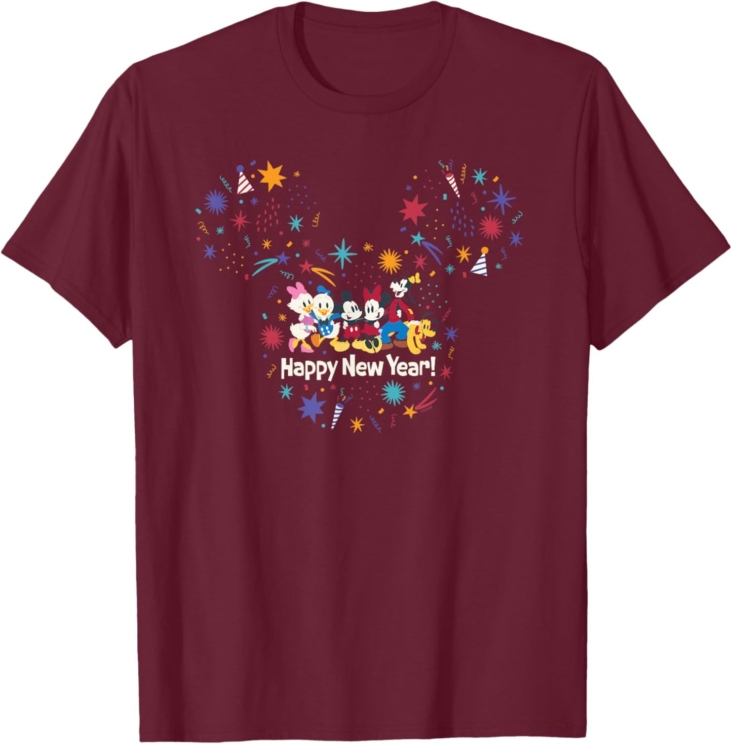 Disney Mickey Mouse & Pals Head Icon Cute Happy New Year T-Shirt - T-Shirt | Maroon