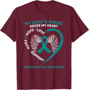 Teal My Aunts Wings Cover My Heart Ovarian Cancer Awareness T-Shirt - T-Shirt | Maroon