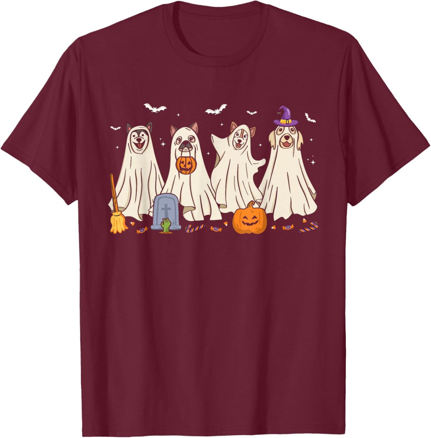 Ghost Dog Halloween Boo Ghosts Dogs Wearing Ghost Costume T-Shirt - T-Shirt | Maroon