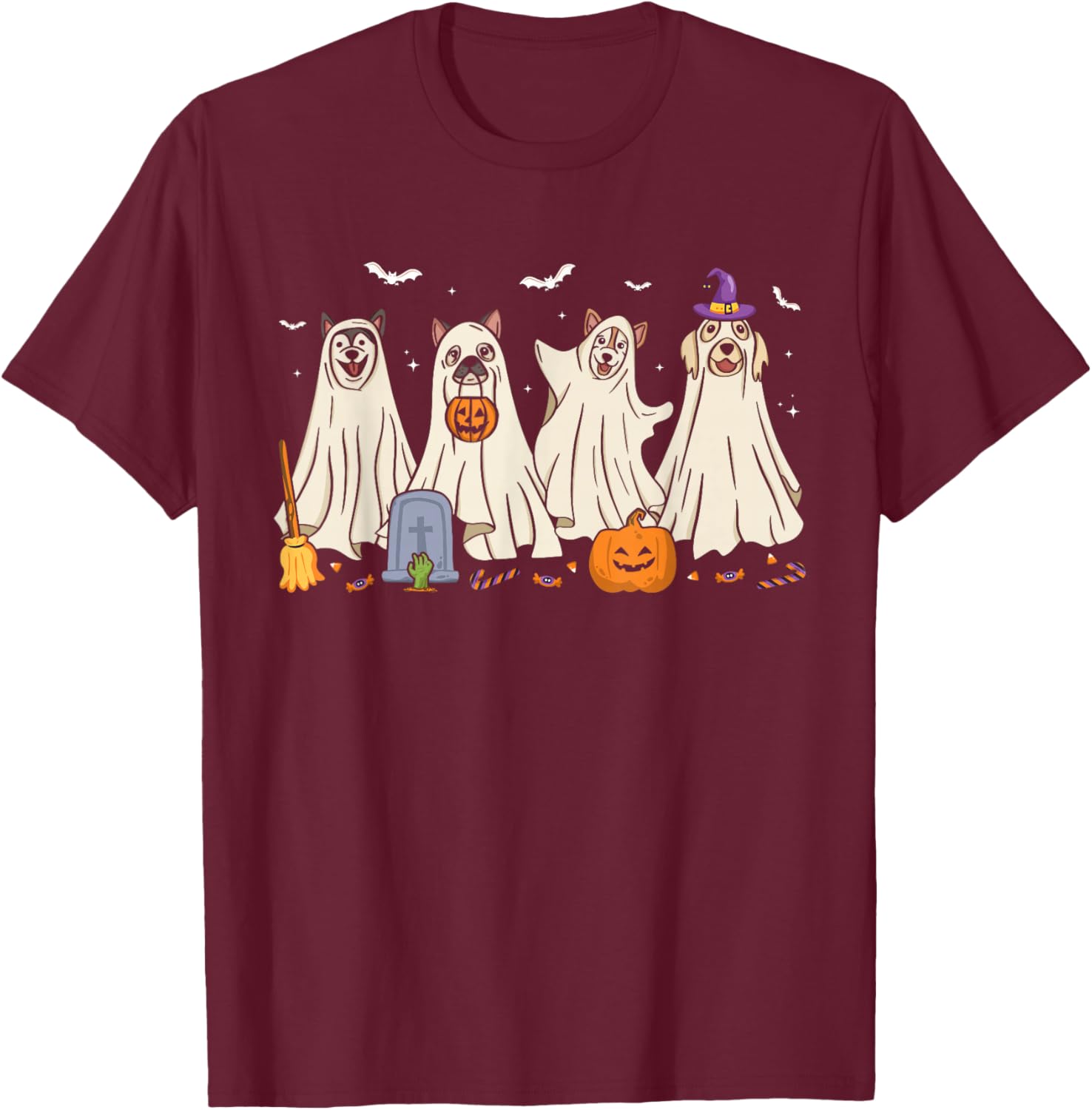 Ghost Dog Halloween Boo Ghosts Dogs Wearing Ghost Costume T-Shirt - T-Shirt | Maroon