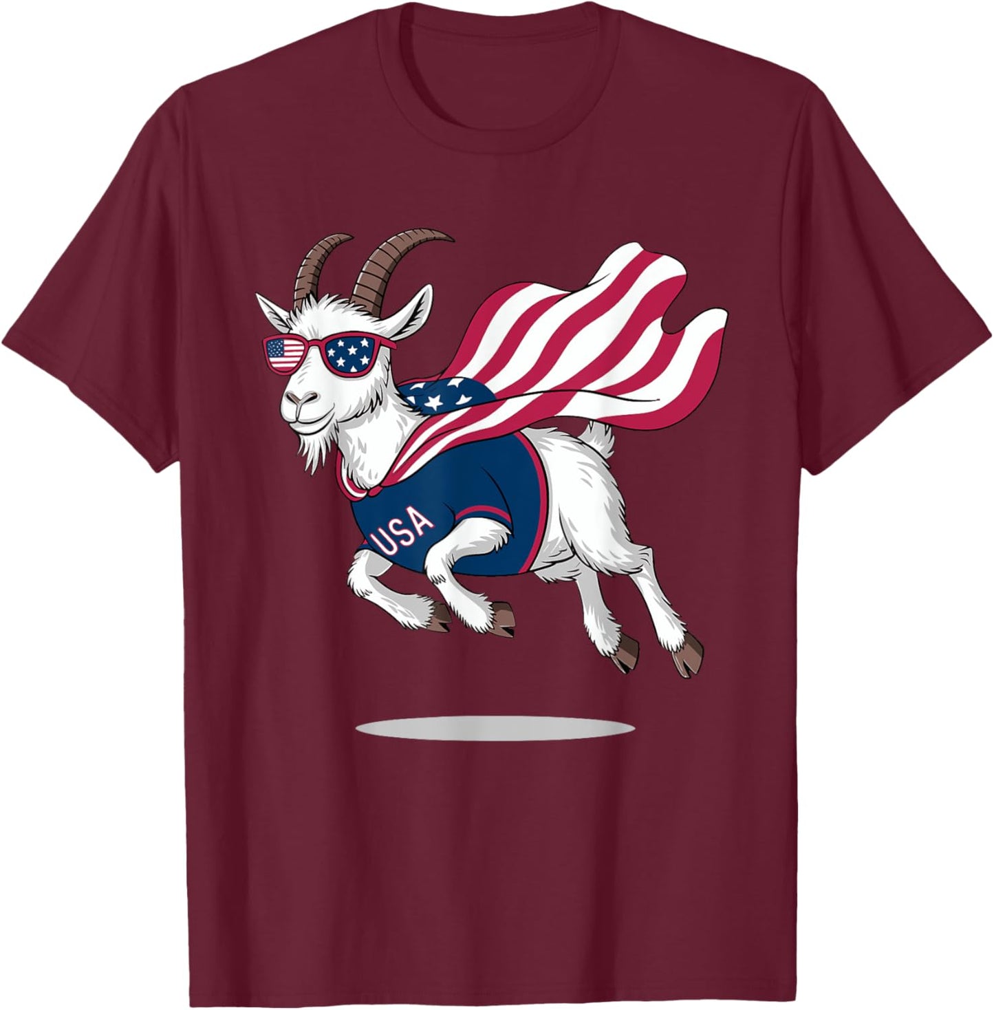 Cool Patriotic Goat in American Flag Cape with Sunglasses T-Shirt - T-Shirt | Maroon