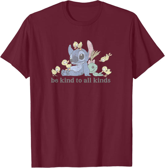 Disney Lilo & Stitch With Ducks Be Kind To All Kinds T-Shirt - T-Shirt | Maroon
