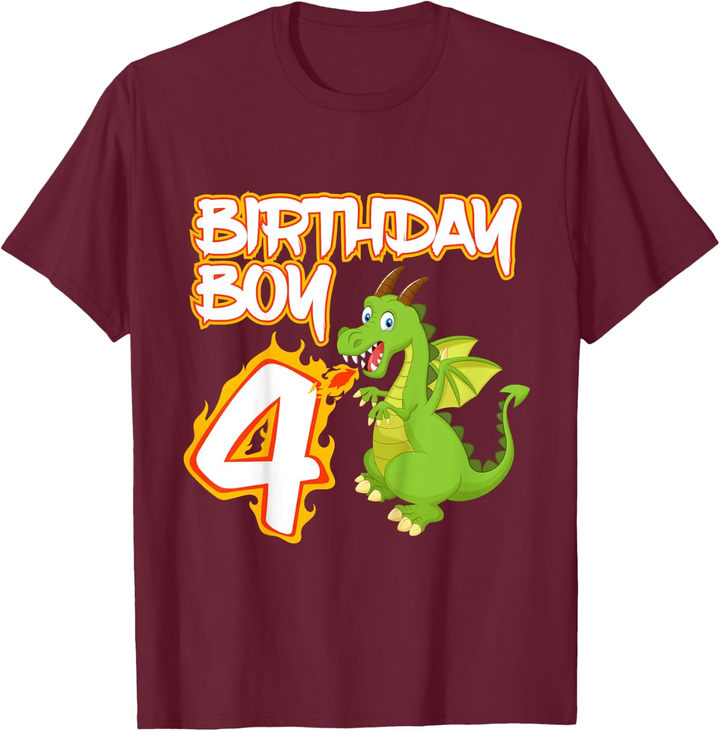 Kids 4 Year Old Dragon Birthday Boy Themed Party 4th Gift T-Shirt - T-Shirt | Maroon