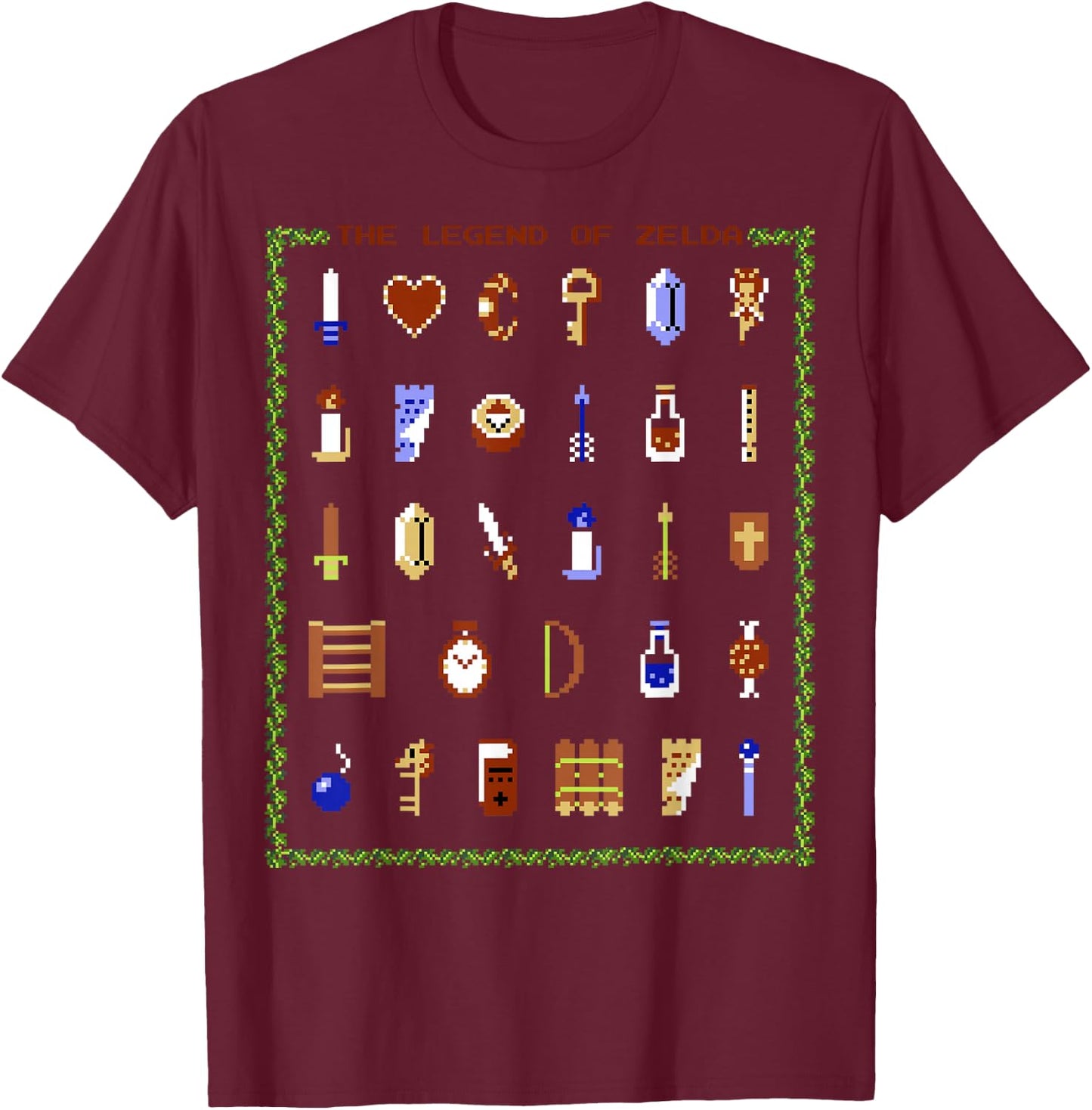 The Legend of Zelda 8-Bit Inventory T-Shirt - T-Shirt | Maroon