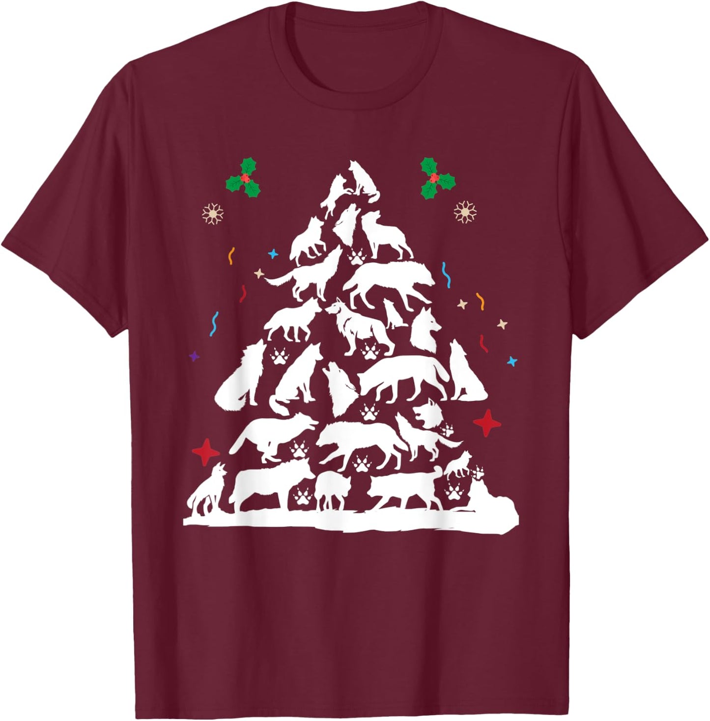 Wolf Christmas Tree Funny Christmas Pajama Animals Lover T-Shirt - T-Shirt | Maroon