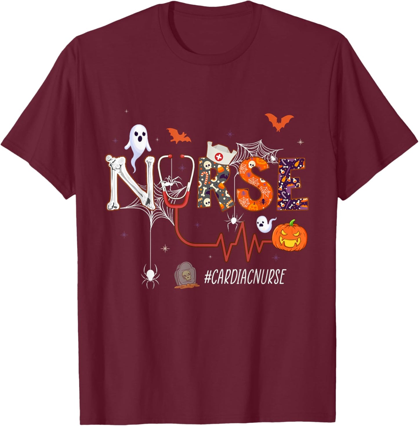 Cardiac Nurse Pumpkin Halloween Nursing T-Shirt - T-Shirt | Maroon