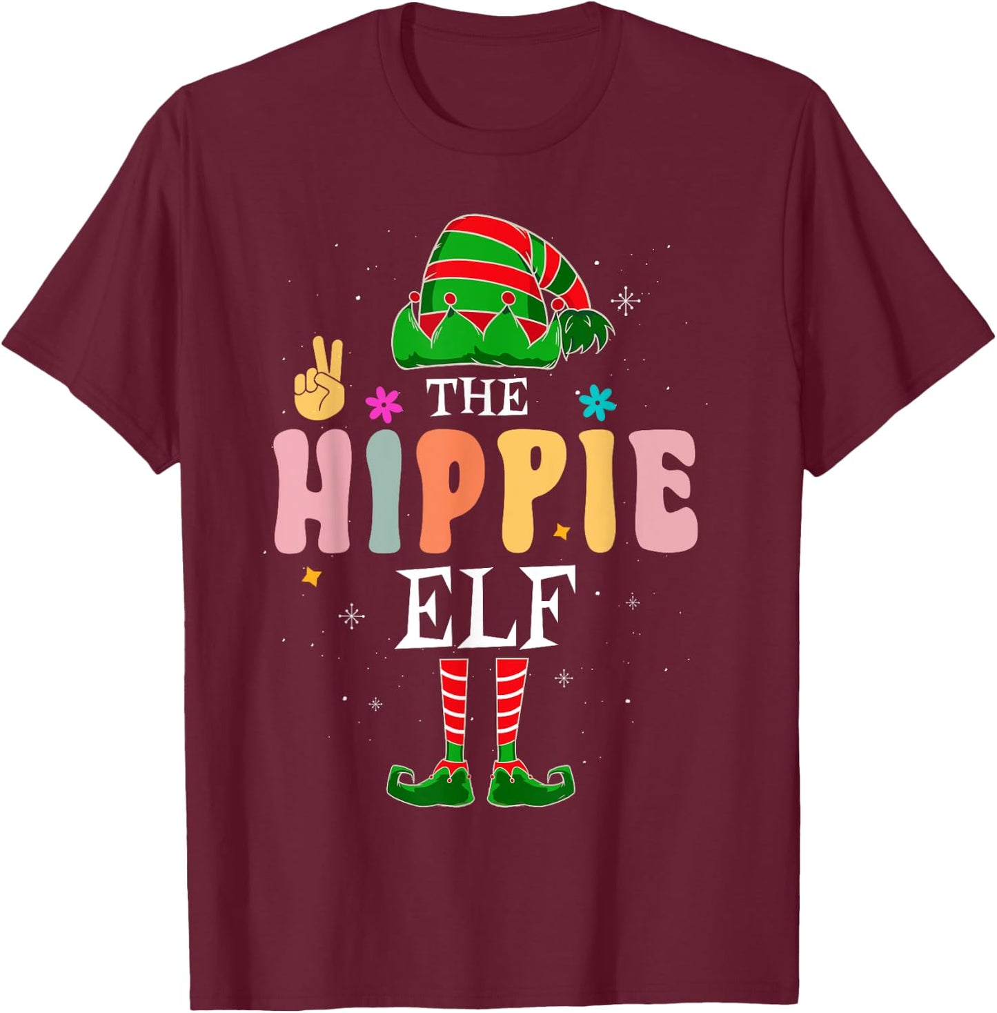 Hippie Elf Group Matching Family Christmas Groovy Retro T-Shirt - T-Shirt | Maroon