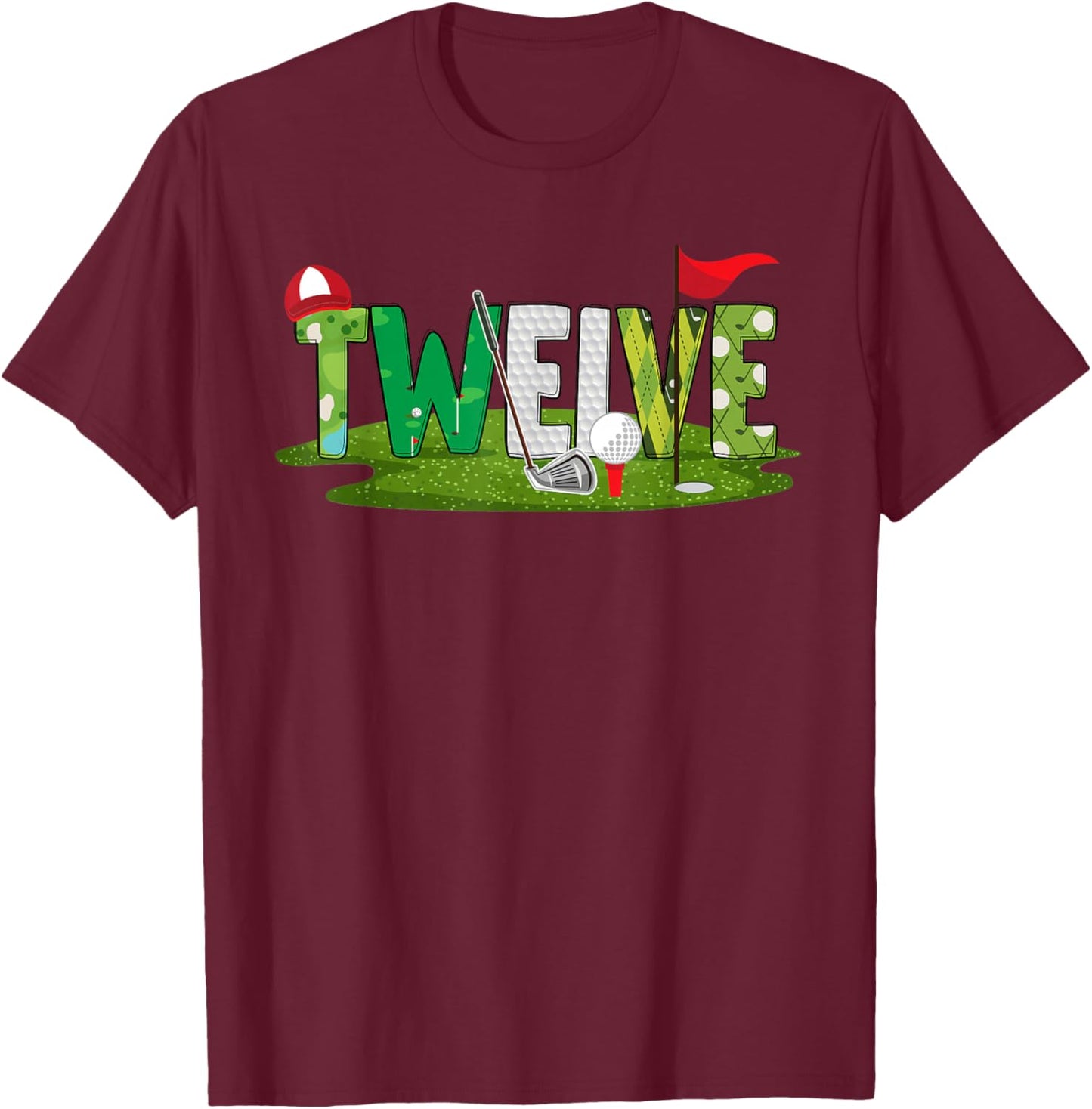 12th Birthday Golf Theme 12 Year Old Kids Sport Party T-Shirt - T-Shirt | Maroon