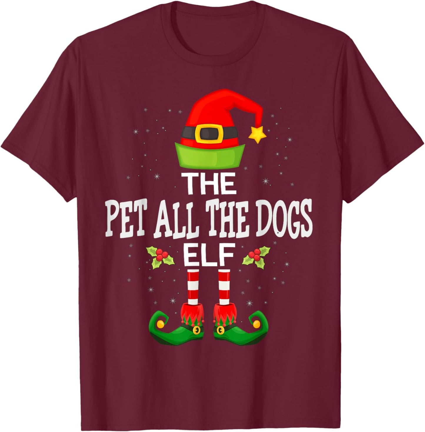 The Pet All The Dogs Elf Christmas Family Matching Pajama T-Shirt - T-Shirt | Maroon