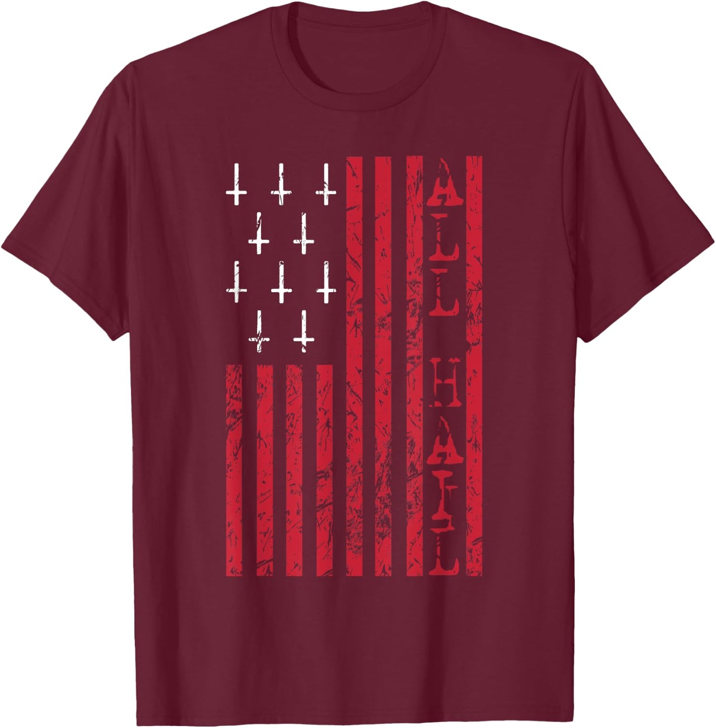 Upside Down Cross Occult American Flag All Hail Satanic T-Shirt - T-Shirt | Maroon