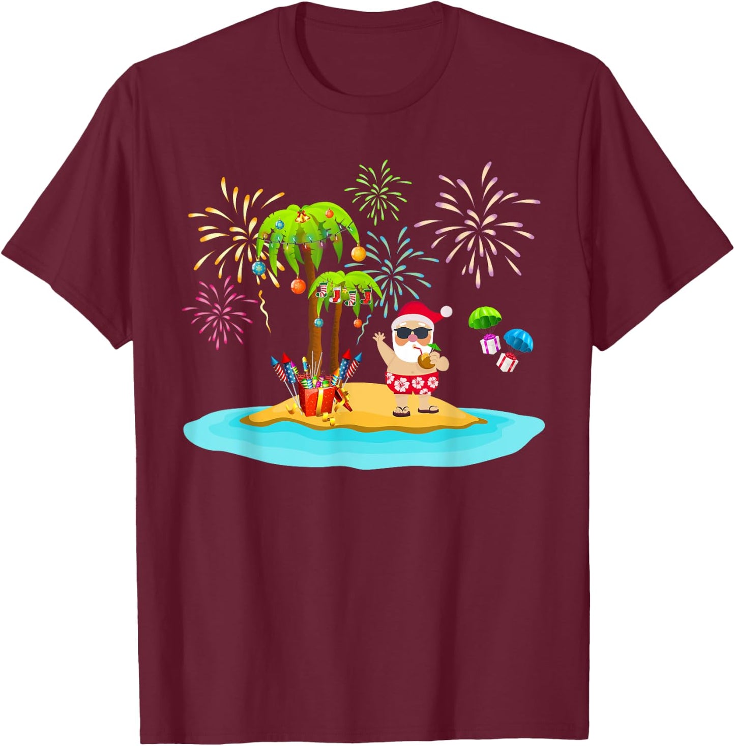 Decorated Christmas Palm Tree Tropical Xmas Coconut Lights T-Shirt - T-Shirt | Maroon