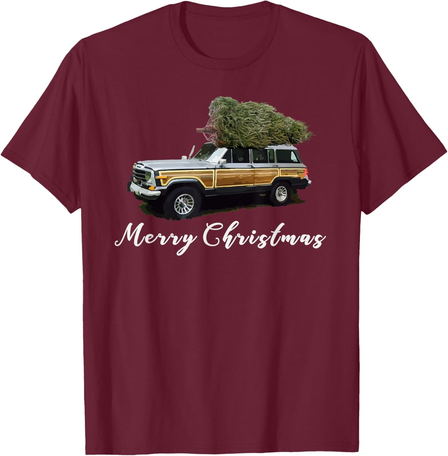 Vintage Surf Wagon SUV Merry Christmas Tree on a Truck T-Shirt - T-Shirt | Maroon