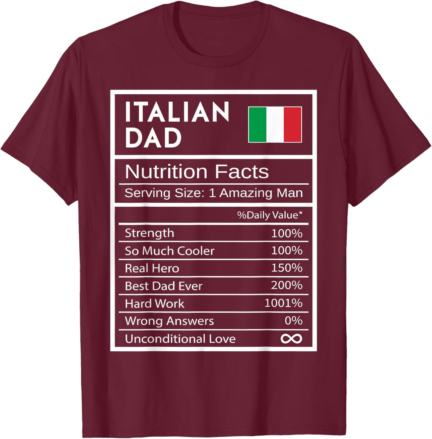 Italian Dad Nutrition Facts National Pride Gift Dad T-Shirt - T-Shirt | Maroon