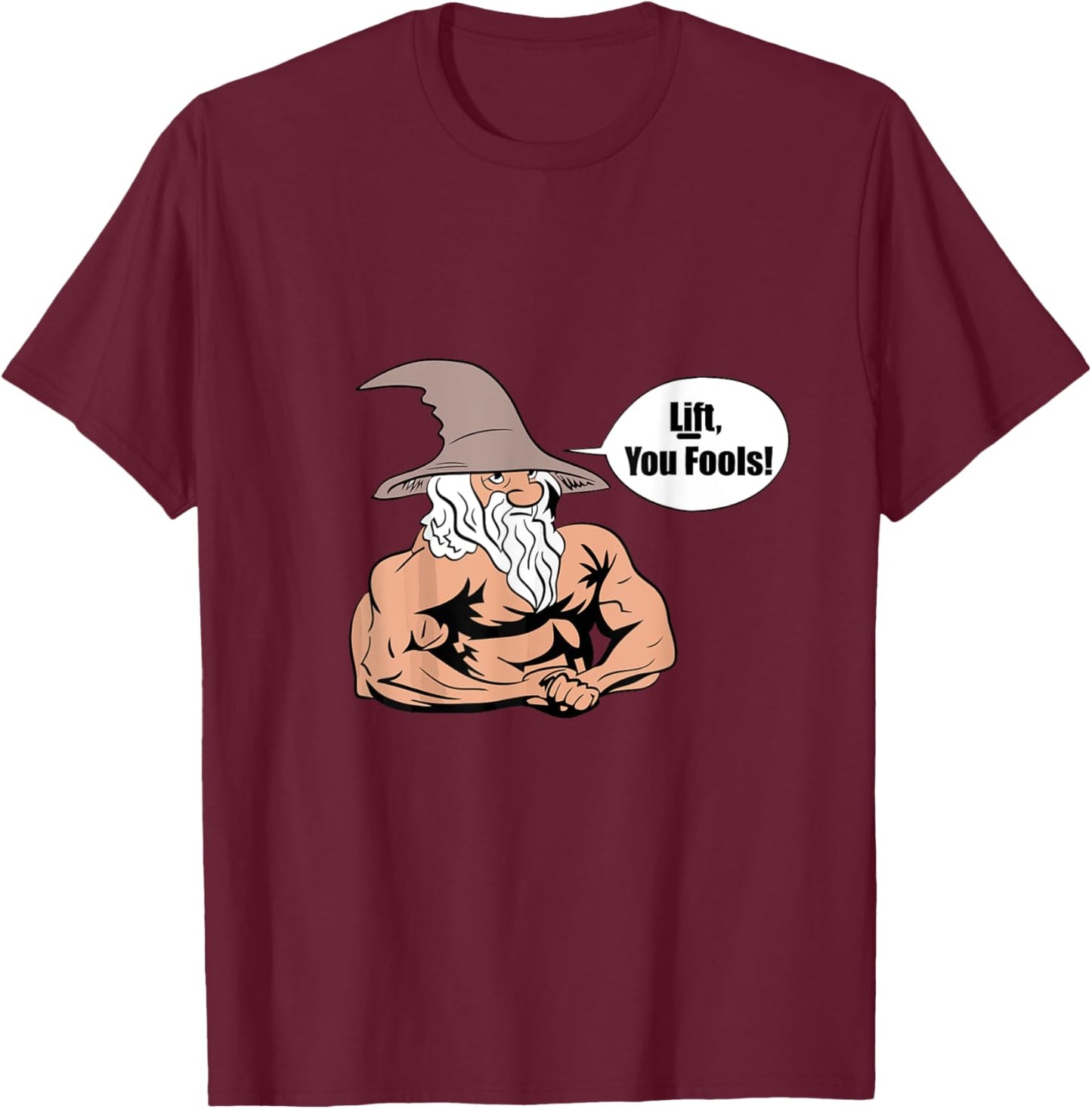 LUS41 Family Gifts Co. Men's Gym , Black, Small, Short Sleeve, Classic Fit, Cotton Blend, Unique Graphic Design, Lift You Fools Wizard Motive T-Shirt - T-Shirt | Maroon
