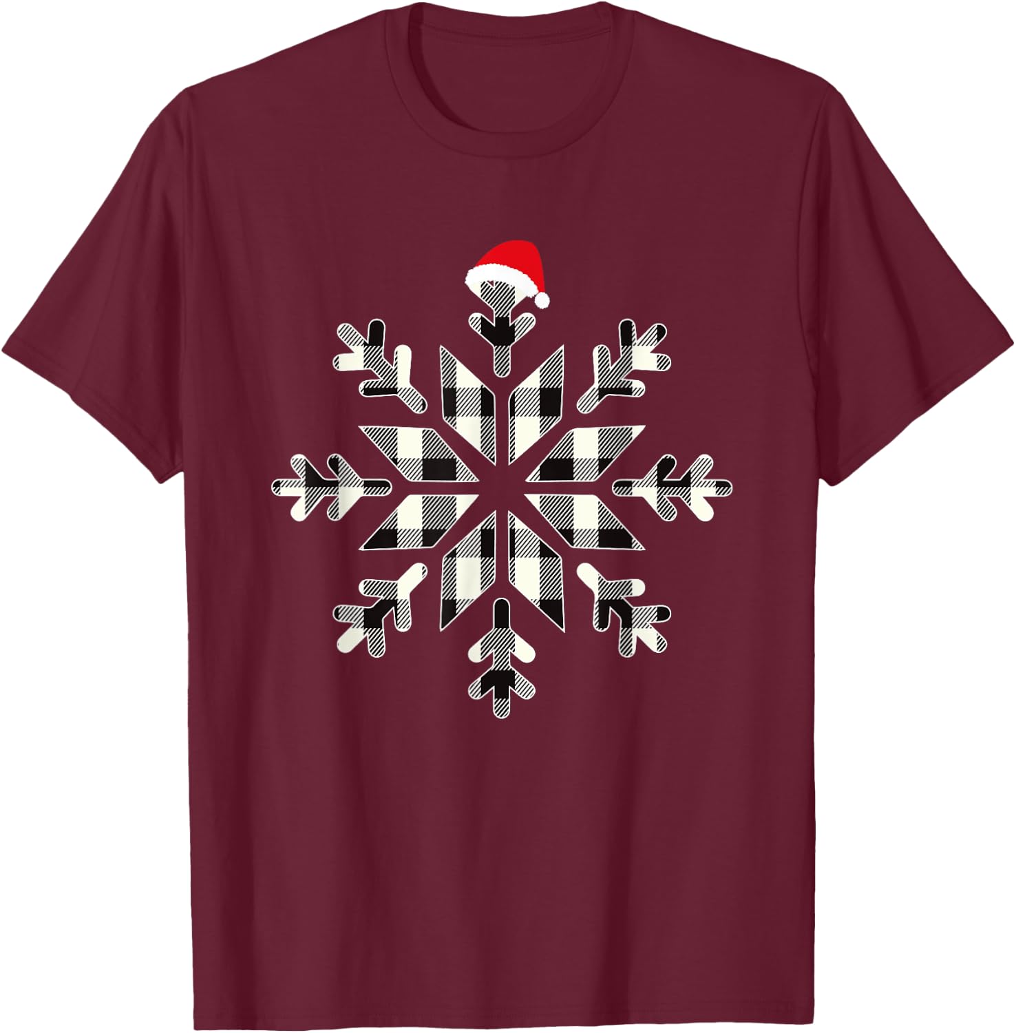 White & Black Christmas Buffalo Plaid Snowflakes Santa hat T-Shirt - T-Shirt | Maroon