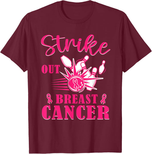 Breast Cancer Awareness - Bowling Strike Out Pink Ribbon T-Shirt - T-Shirt | Maroon