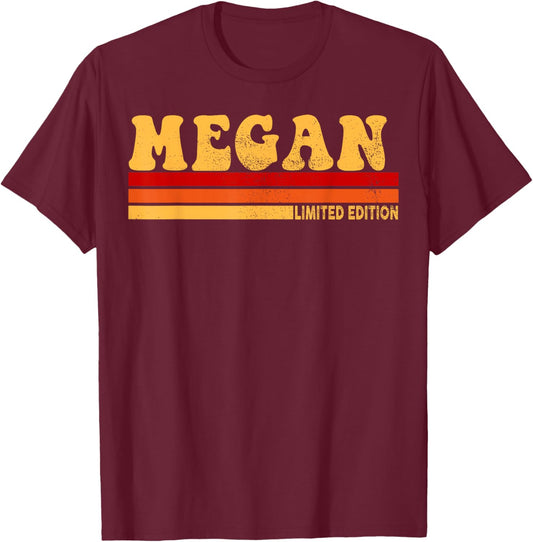 LUXETHREADS Megan Name Personalized Cute Idea Women Vintage Megan , Small, Black T-Shirt - T-Shirt | Maroon