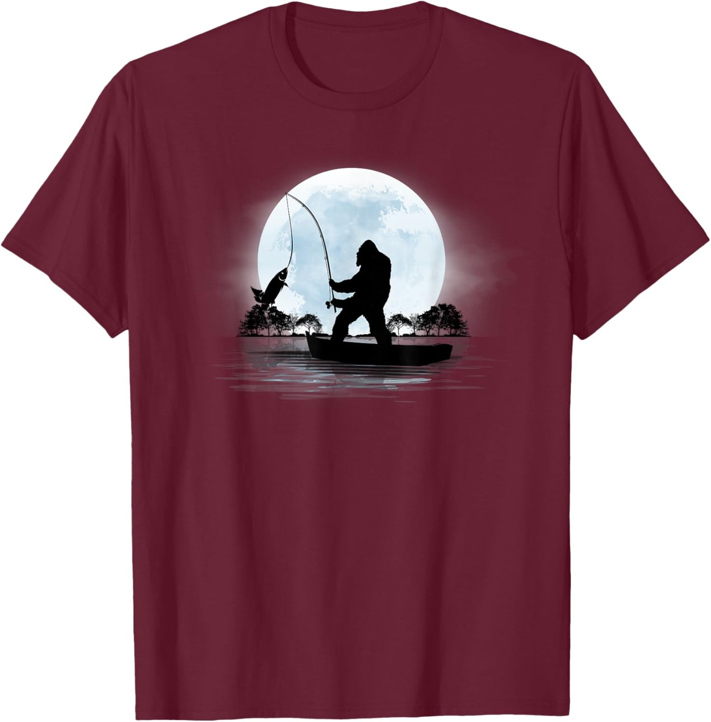Bigfoot Fishing Outdoor Retro Night Fishing Sasquatch T-Shirt - T-Shirt | Maroon