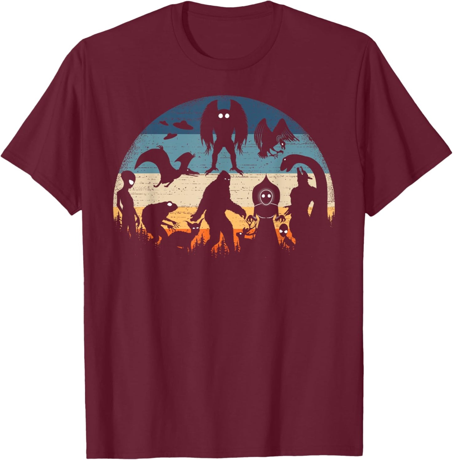 Bigfoot Loch Ness Monster Mothman And Aliens Vintage Cryptid T-Shirt - T-Shirt | Maroon