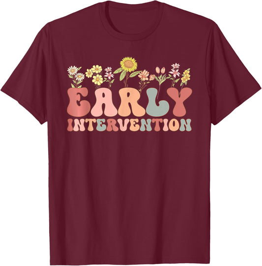 Groovy Early Intervention Flower Back To School First Day T-Shirt - T-Shirt | Maroon