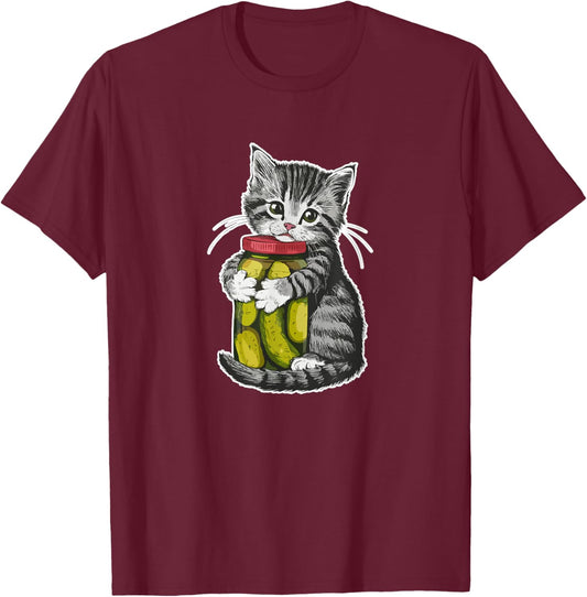 Cute kitten Cat hugging a jar of dill pickles Cat Lovers T-Shirt - T-Shirt | Maroon