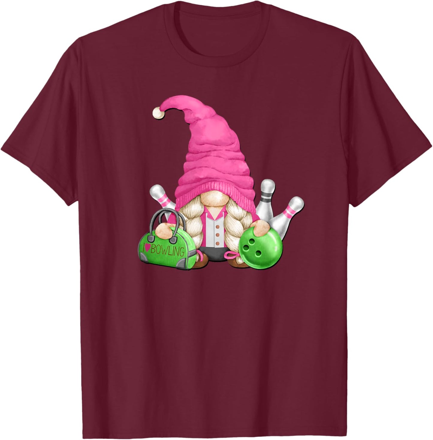 Pink Gnome Mom Graphic Girls And Bowling Lover T-Shirt - T-Shirt | Maroon