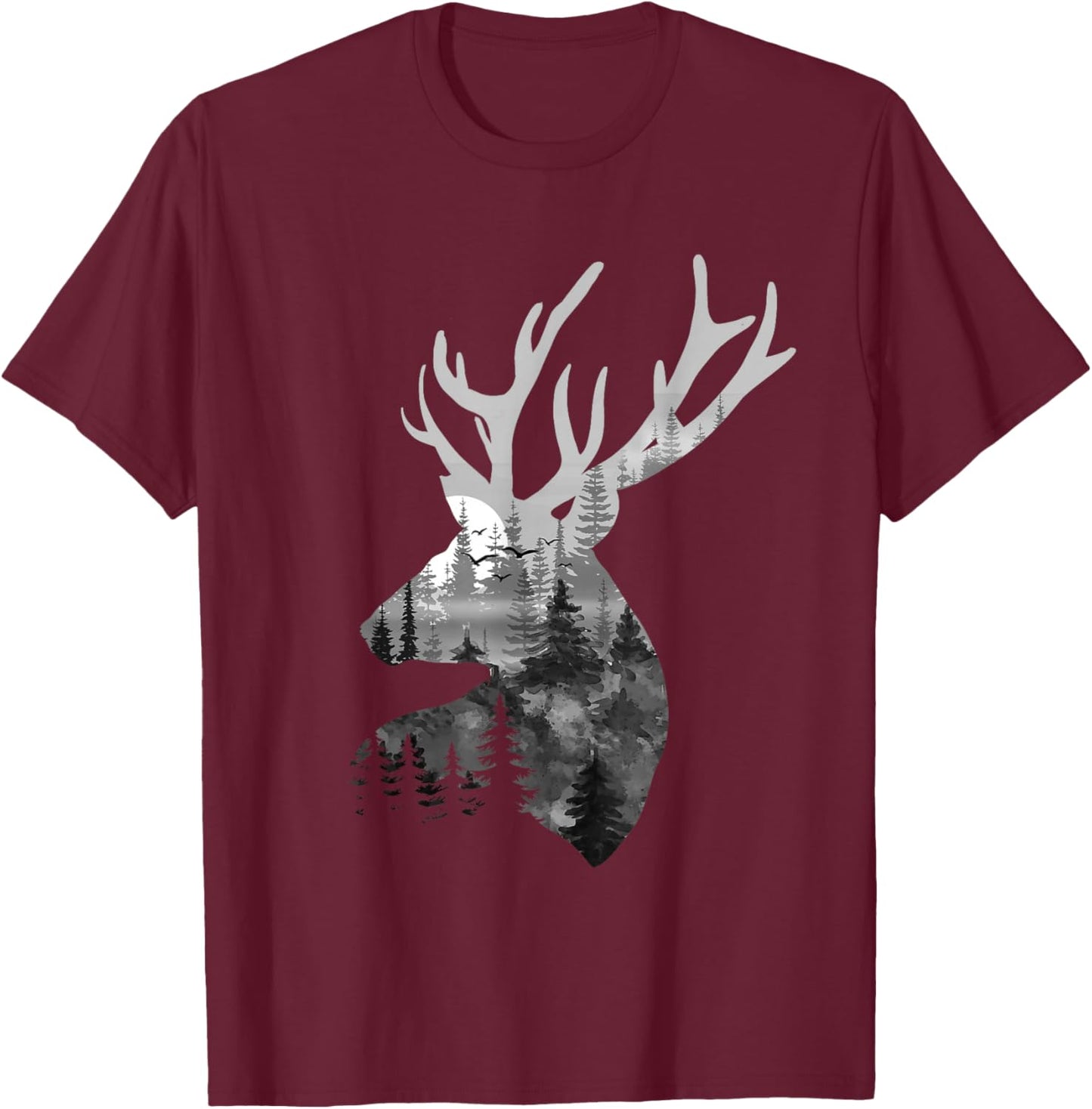 Silhouette Buck Deer Artwork - Forest Wildlife Animal Lover T-Shirt - T-Shirt | Maroon