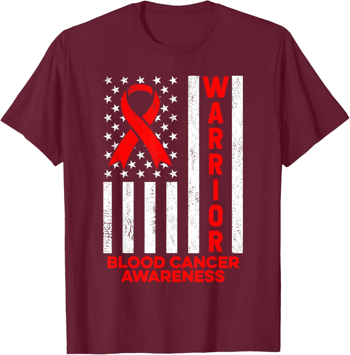 Blood Cancer Awareness Warrior American Flag Red Ribbon T-Shirt - T-Shirt | Maroon