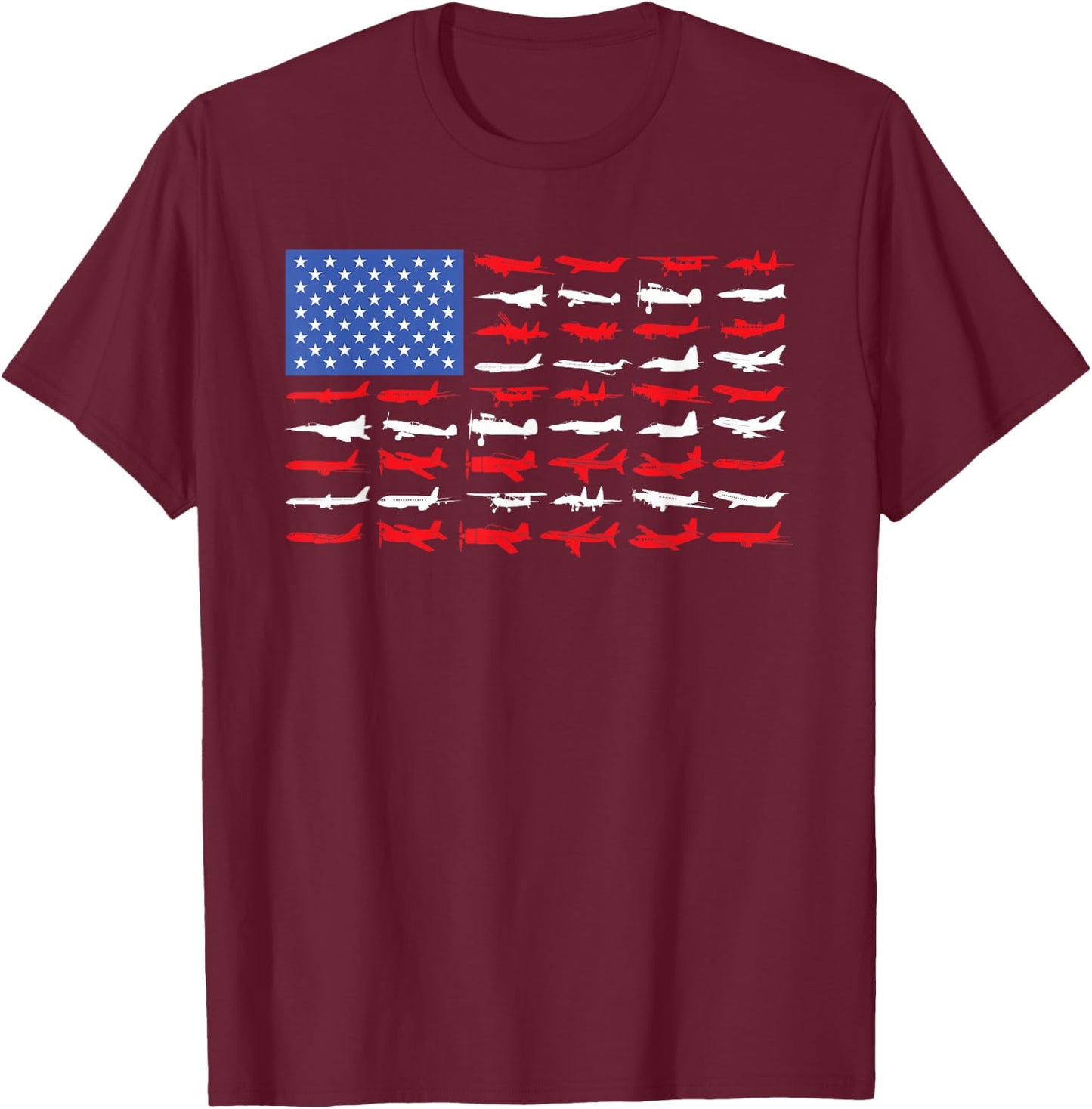Pilot Airplane American Flag Plane Aviation Short Sleeve T-Shirt - T-Shirt | Maroon