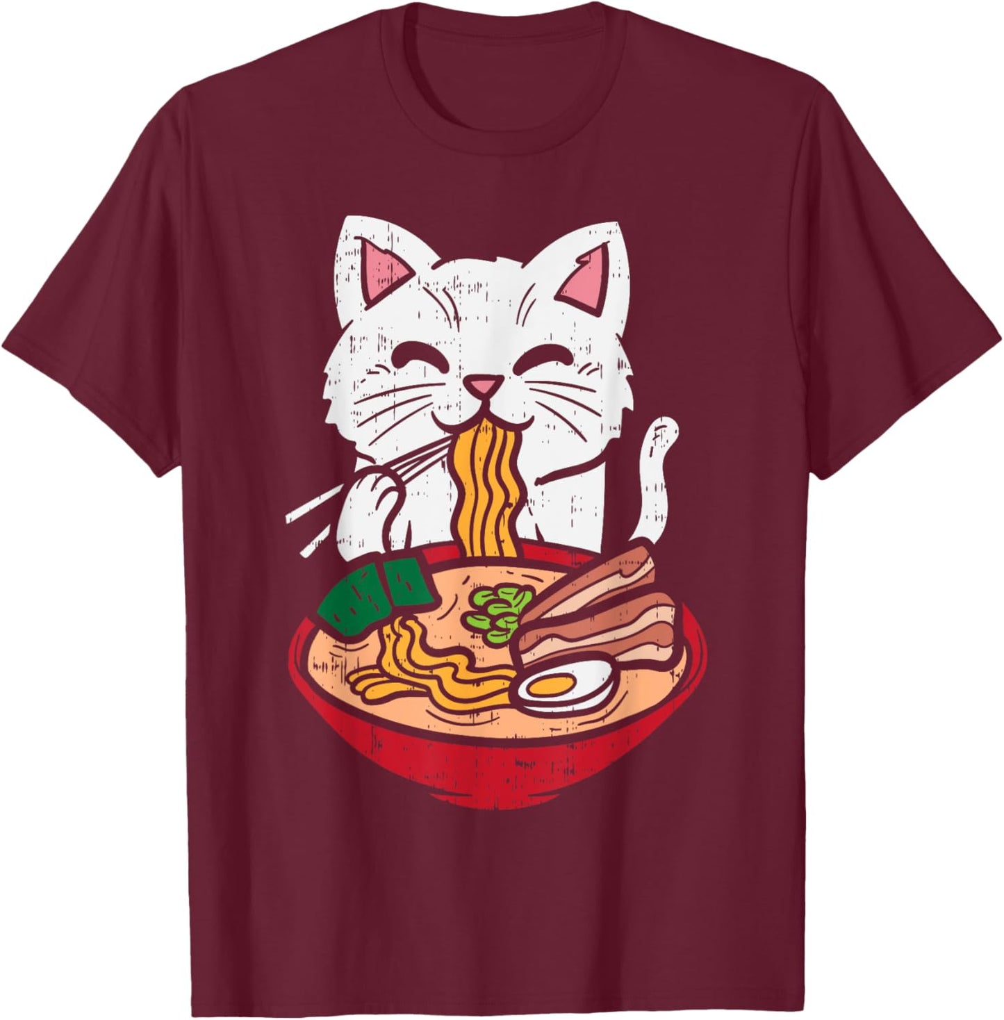 Cat Eating Ramen Kawaii Japanese Noodles Anime Foodie Gift T-Shirt - T-Shirt | Maroon