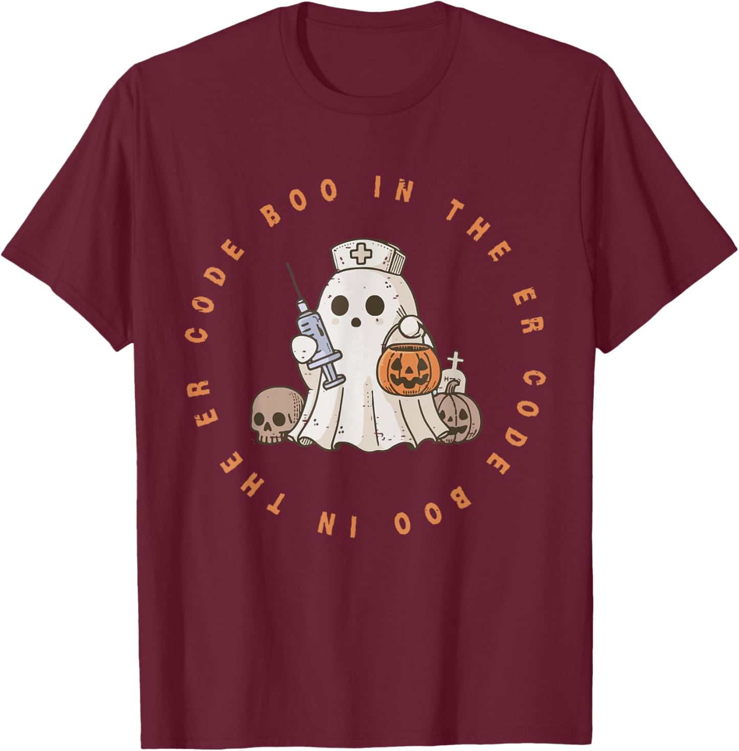 Code Boo In The ER Nurse Halloween Cute Ghost Spooky Season T-Shirt - T-Shirt | Maroon