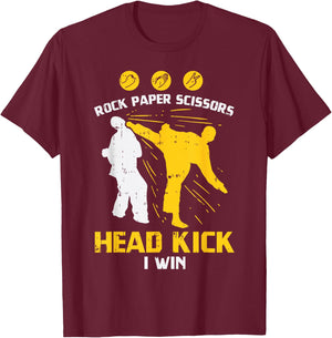 Rock Paper Scissors Headkick Win Funny Taekwondo Karate Gift T-Shirt - T-Shirt | Maroon