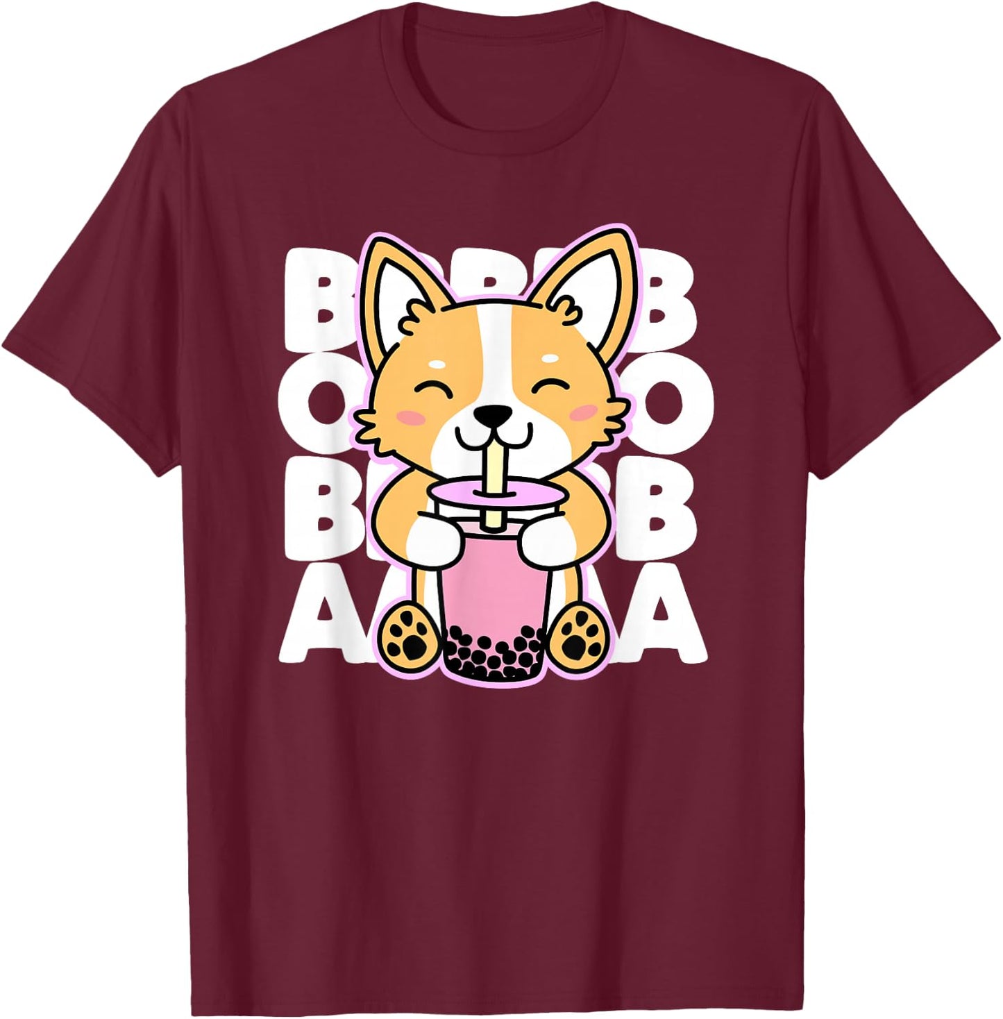 Kawaii Boba Cute Anime Dog Corgi Bubble Tea Drink Dark T-Shirt - T-Shirt | Maroon