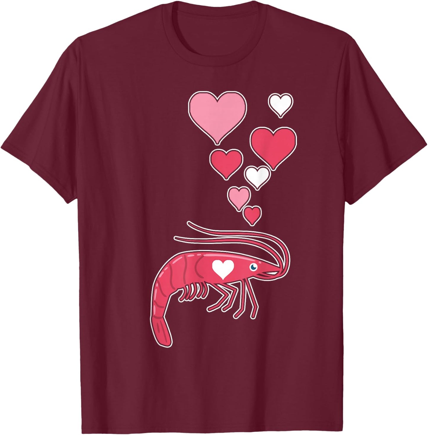 Cute Shrimp with Hearts - I Love Shrimp T-Shirt - T-Shirt | Maroon