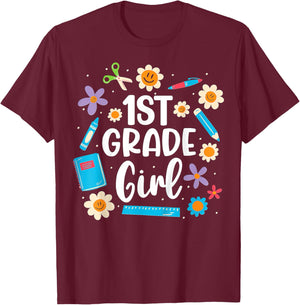Kids Girls First Grade, 1st Grade Girl Back To School T-Shirt - T-Shirt | Maroon