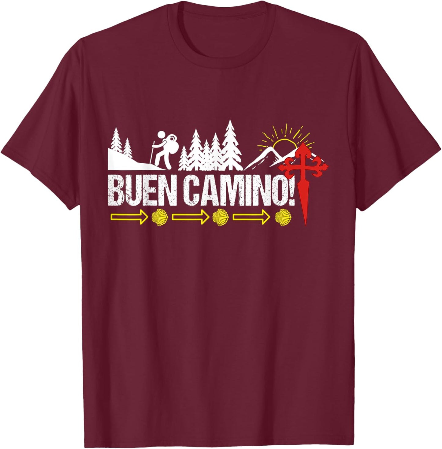 Buen Camino Way of St James Scallop Shell Camino de Santiago T-Shirt - T-Shirt | Maroon