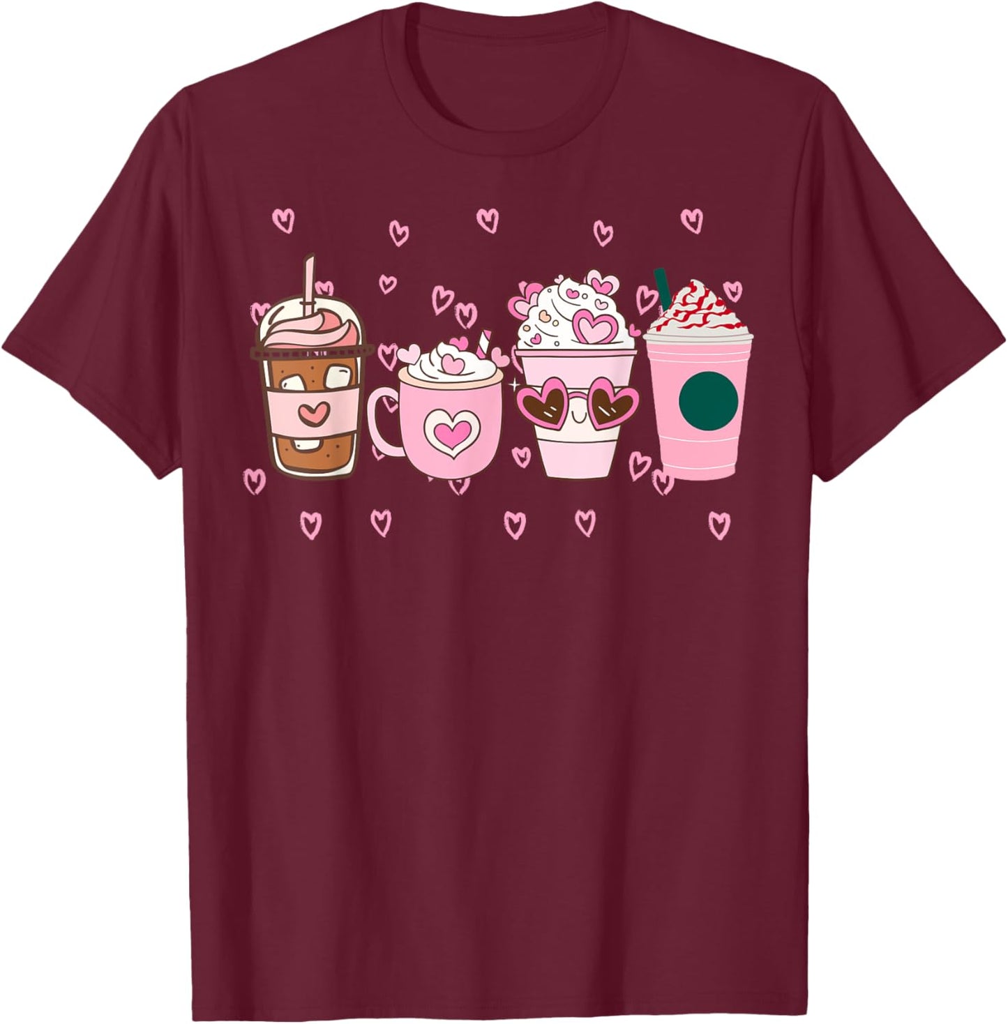 Valentine Coffee, Pink Coffee, Valentine's day, Pink Hearts T-Shirt - T-Shirt | Maroon