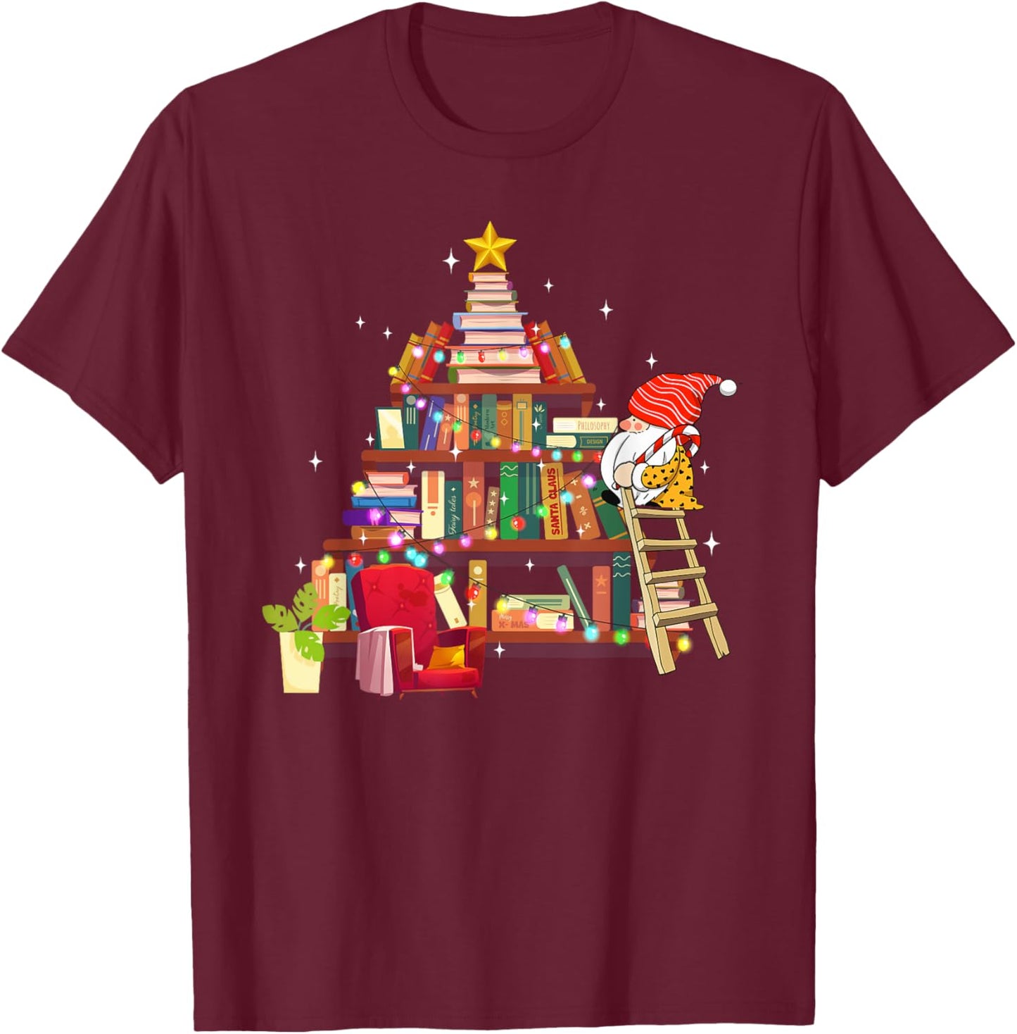 Librarian And Book Lover Christmas Library Tree Lights Gnome T-Shirt - T-Shirt | Maroon