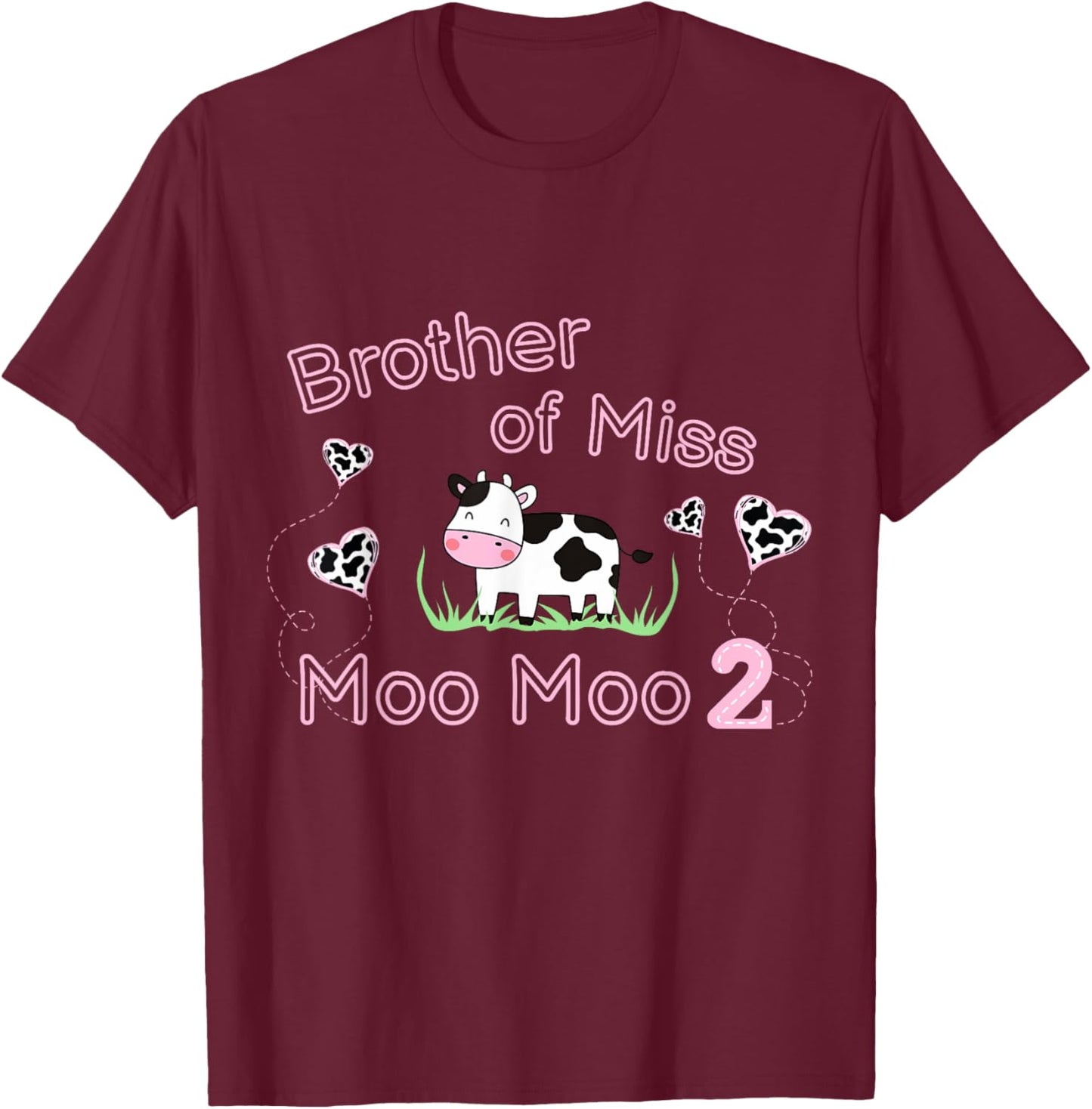 Girl 2nd Birthday Party Pink Cow Brother Moo I'm Two Animal T-Shirt - T-Shirt | Maroon