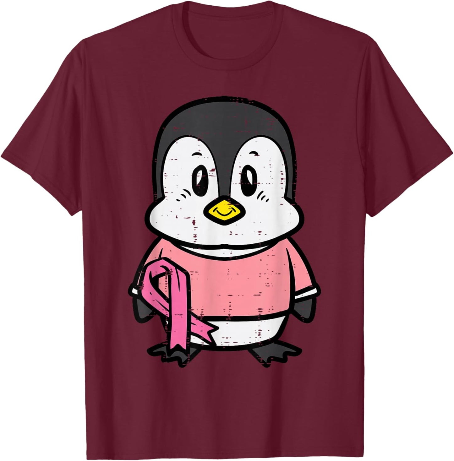 Pink Ribbon Penguin Cute Breast Cancer Awareness Women Kids T-Shirt - T-Shirt | Maroon