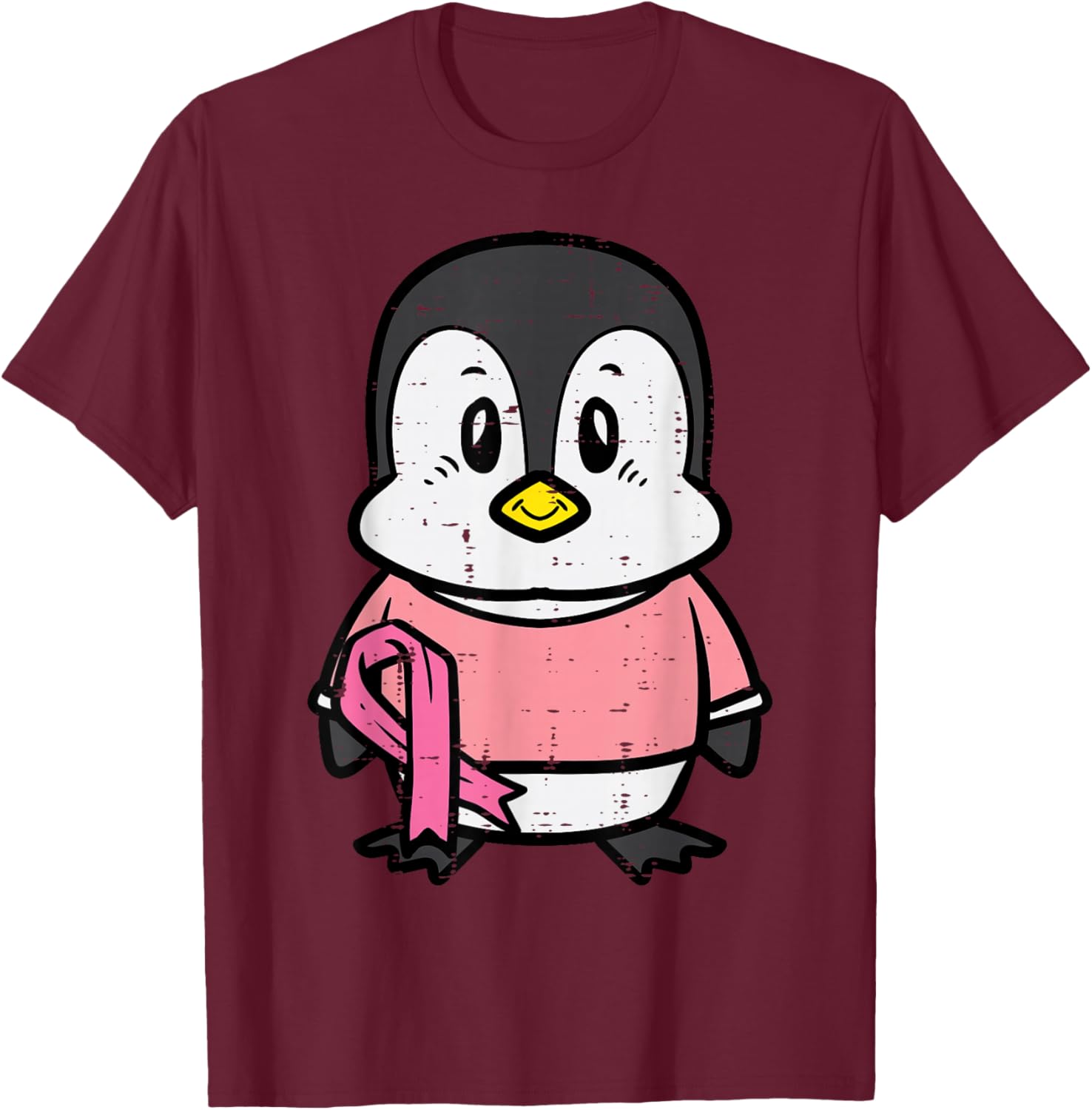 Pink Ribbon Penguin Cute Breast Cancer Awareness Women Kids T-Shirt - T-Shirt | Maroon