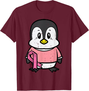 Pink Ribbon Penguin Cute Breast Cancer Awareness Women Kids T-Shirt - T-Shirt | Maroon
