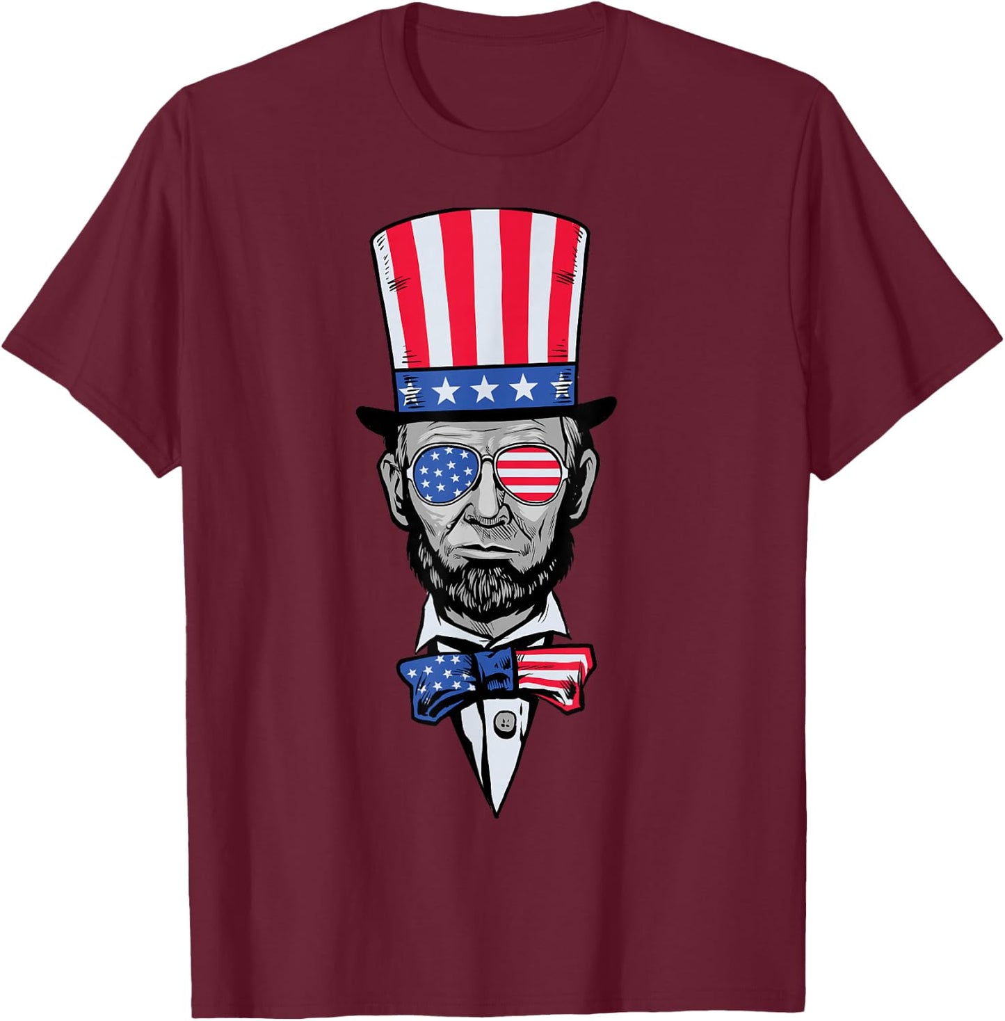 Abe Lincoln American Patriotic Flag Hat Sunglasses Tie BZR T-Shirt - T-Shirt | Maroon