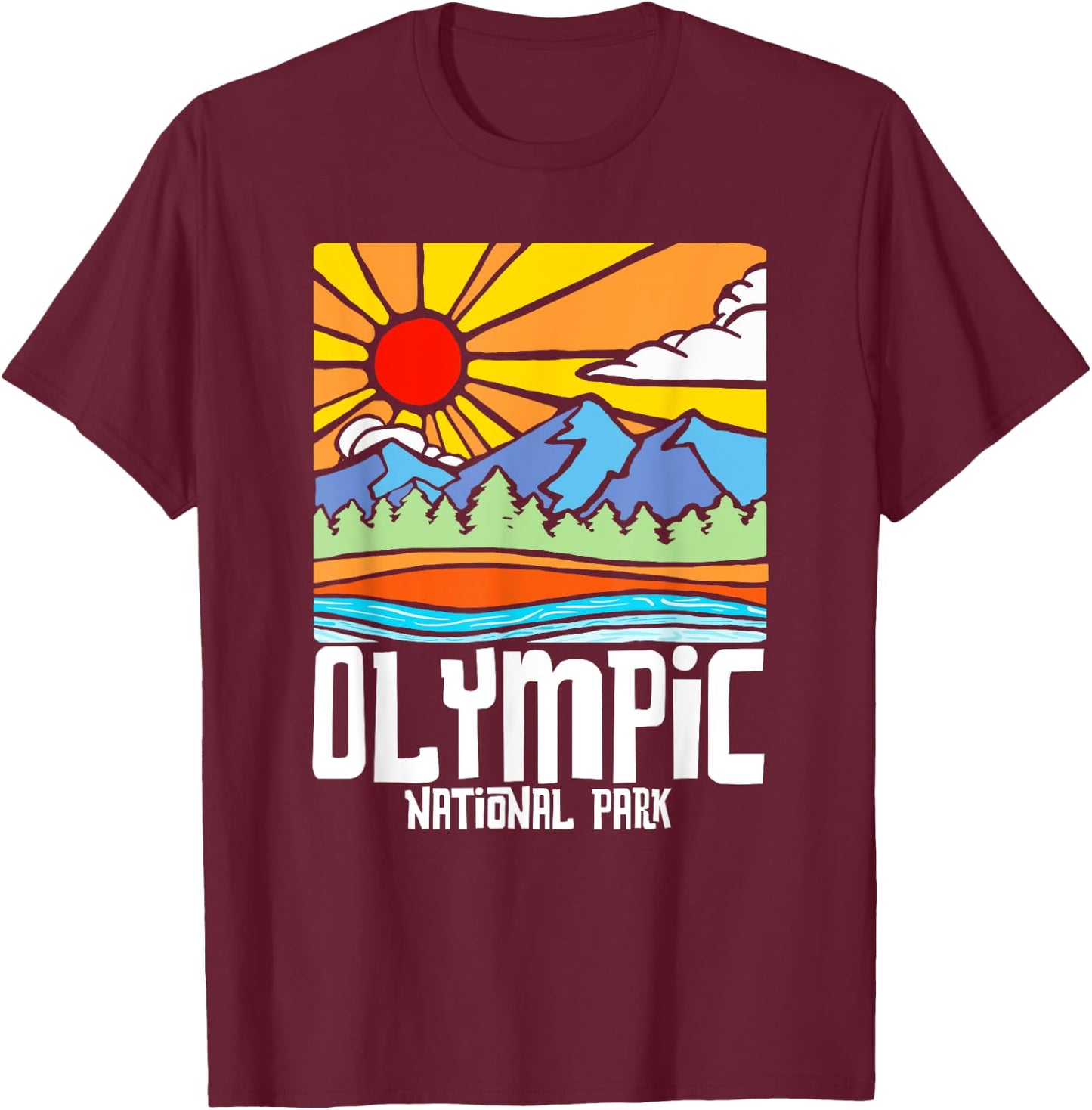 Olympic National Park Artistic Nature & Mountains Vintage T-Shirt - T-Shirt | Maroon