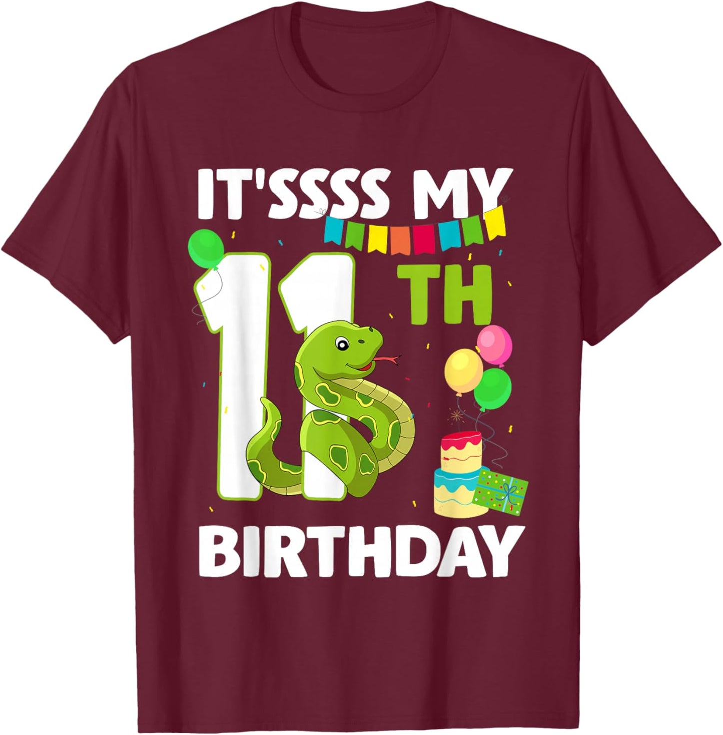 11th Birthday Snake Party 11 Year Old Snake Lover Birthday T-Shirt - T-Shirt | Maroon