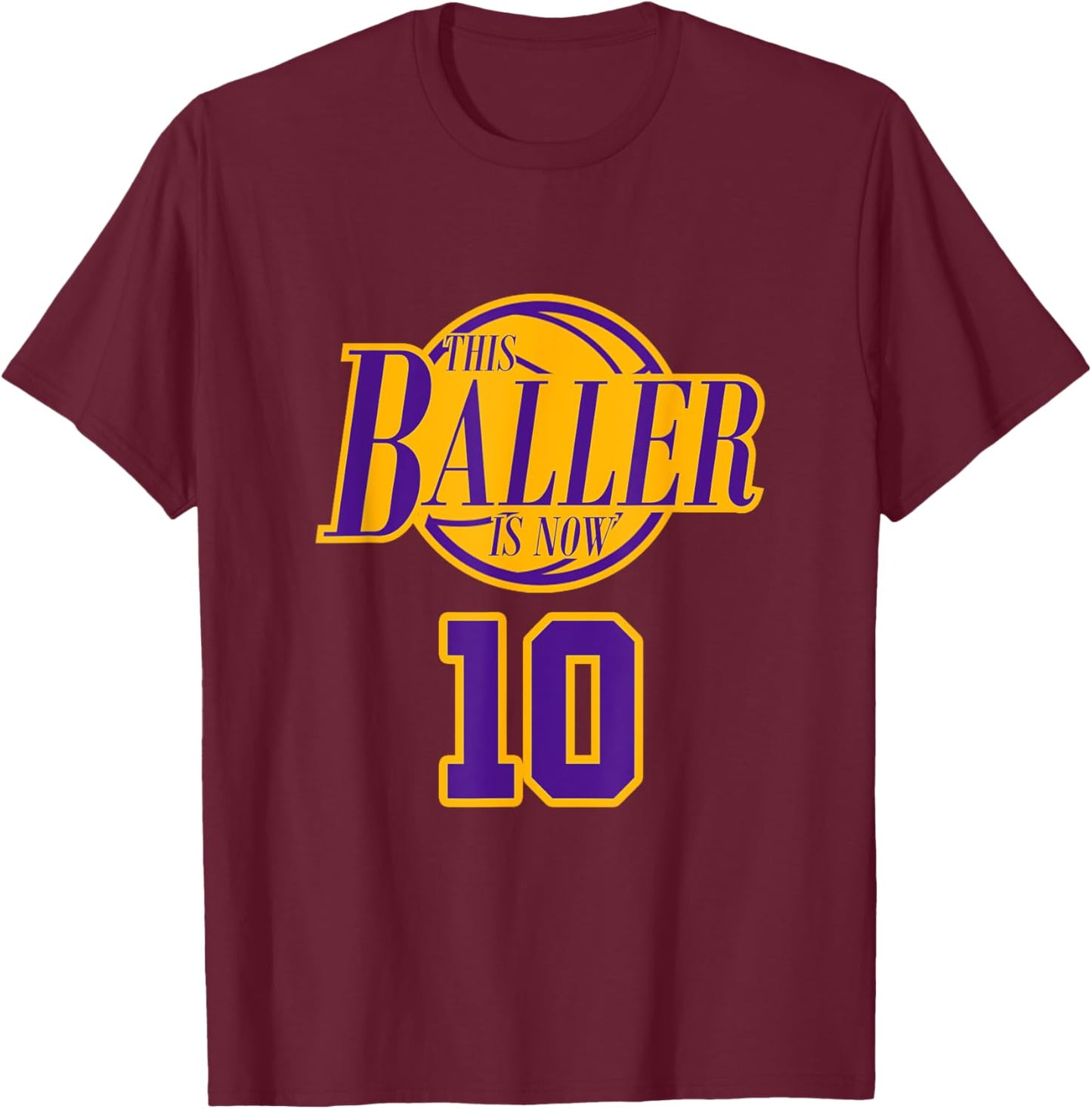 10 Years Old Birthday Basketball Baller Purple And Yellow T-Shirt - T-Shirt | Maroon